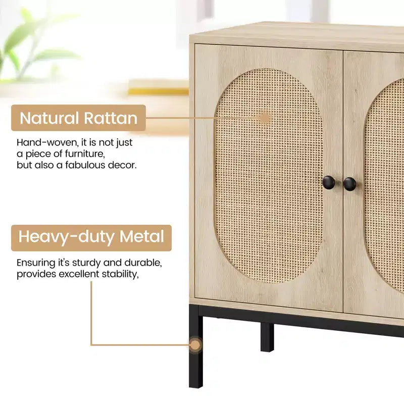 Mobile buffet in rattan, Credenza con ripiani regolabili, Piccolo mobile in legno con 2 ripiani contenitori