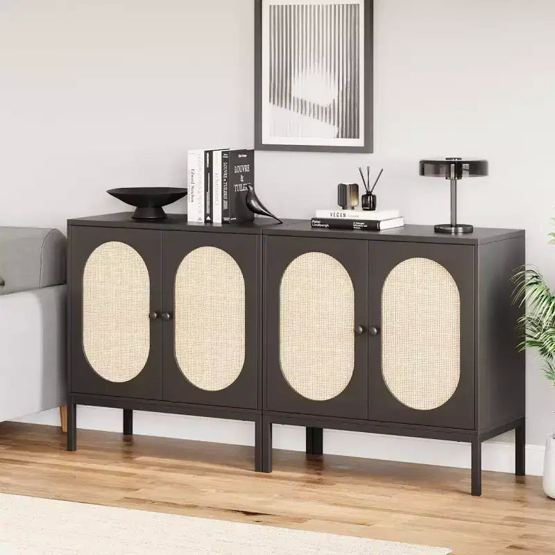 Mobile buffet in rattan, Credenza con ripiani regolabili, Piccolo mobile in legno con 2 ripiani contenitori