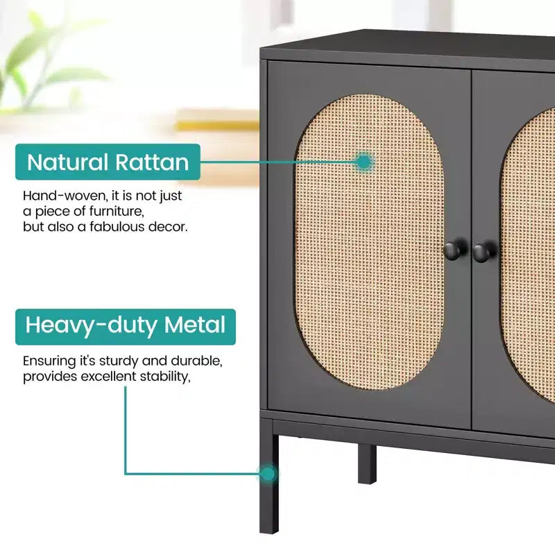 Mobile buffet in rattan, Credenza con ripiani regolabili, Piccolo mobile in legno con 2 ripiani contenitori