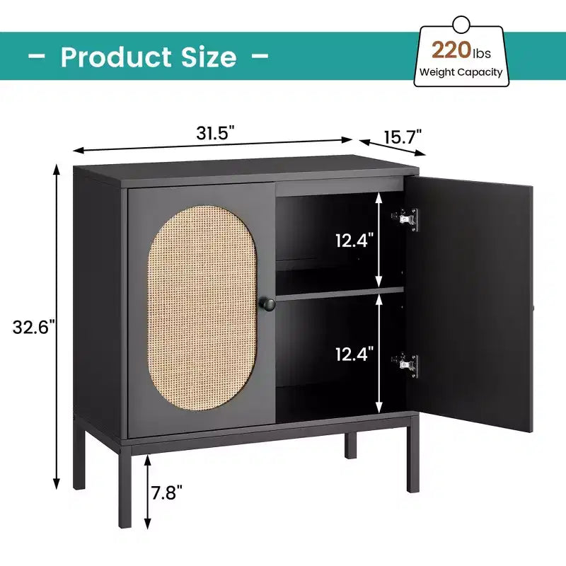 Mobile buffet in rattan, Credenza con ripiani regolabili, Piccolo mobile in legno con 2 ripiani contenitori