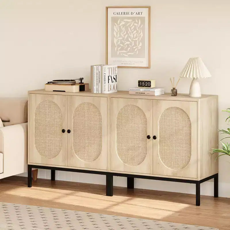 Mobile buffet in rattan, Credenza con ripiani regolabili, Piccolo mobile in legno con 2 ripiani contenitori