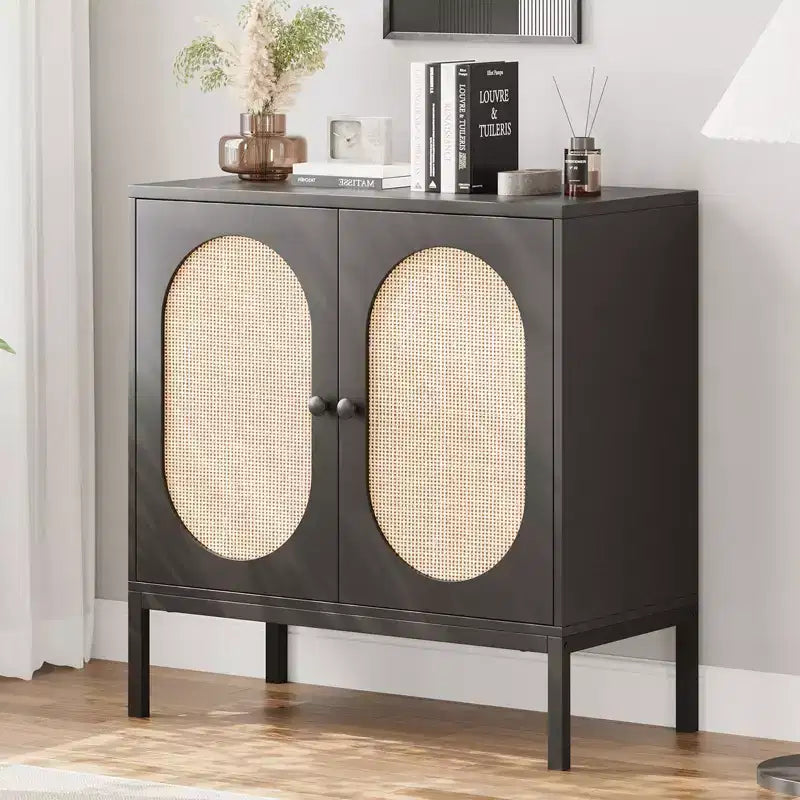 Rattan Buffet Storage Cabinet, Sideboard Cabinet with Adjustable Shelves, Accent Wooden Small Cabinet with 2-Tier Storage