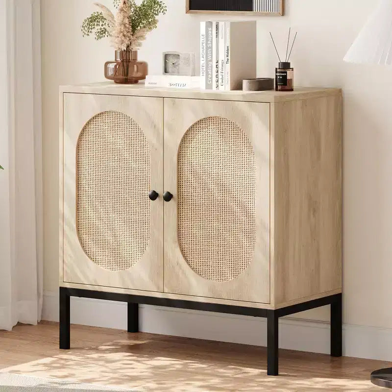 Meuble de rangement en rotin, Buffet avec étagères réglables, Petite armoire d'appoint en bois avec 2 niveaux de rangement