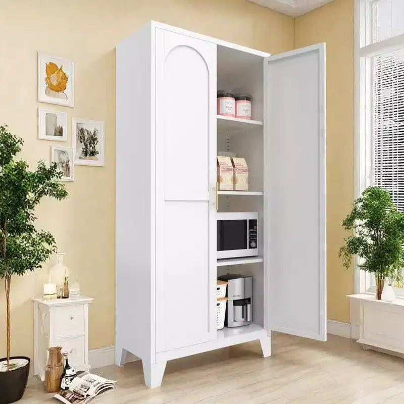 Chic Crate Armadietto in metallo a 2 ante sagomate da 155 cm, chiudibile a chiave, con ripiani regolabili per cucina/camera da letto/soggiorno (bianco)