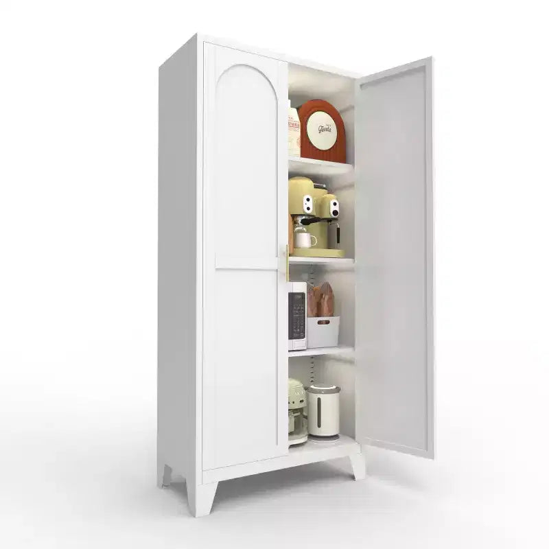 Chic Crate Armadietto in metallo a 2 ante sagomate da 155 cm, chiudibile a chiave, con ripiani regolabili per cucina/camera da letto/soggiorno (bianco)