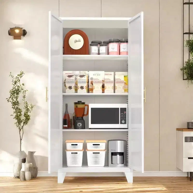 Chic Crate Armadietto in metallo a 2 ante sagomate da 155 cm, chiudibile a chiave, con ripiani regolabili per cucina/camera da letto/soggiorno (bianco)
