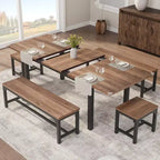 5 Pieces Dining Table Set for 4-6, 63 Large Extendable Dining Room Table with Benches and Stools