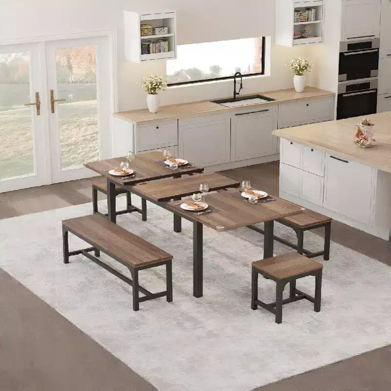 Ensemble de salle à manger 5 pièces pour 4-6 personnes, grande table de salle à manger extensible de 160 cm avec bancs et tabourets