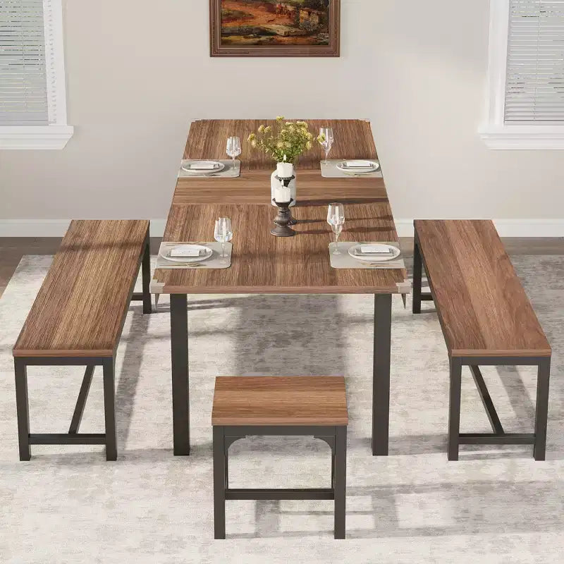 Ensemble de salle à manger 5 pièces pour 4-6 personnes, grande table de salle à manger extensible de 160 cm avec bancs et tabourets