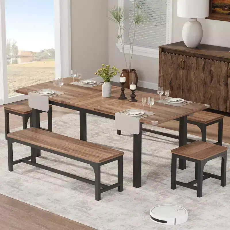 Ensemble de salle à manger 5 pièces pour 4-6 personnes, grande table de salle à manger extensible de 160 cm avec bancs et tabourets