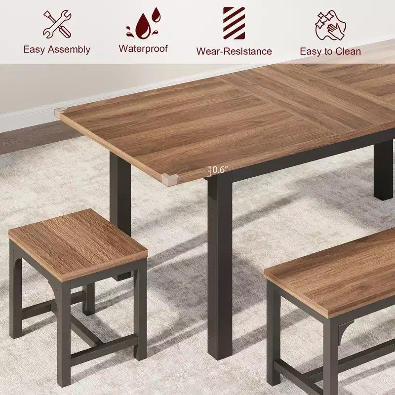 Ensemble de salle à manger 5 pièces pour 4-6 personnes, grande table de salle à manger extensible de 160 cm avec bancs et tabourets