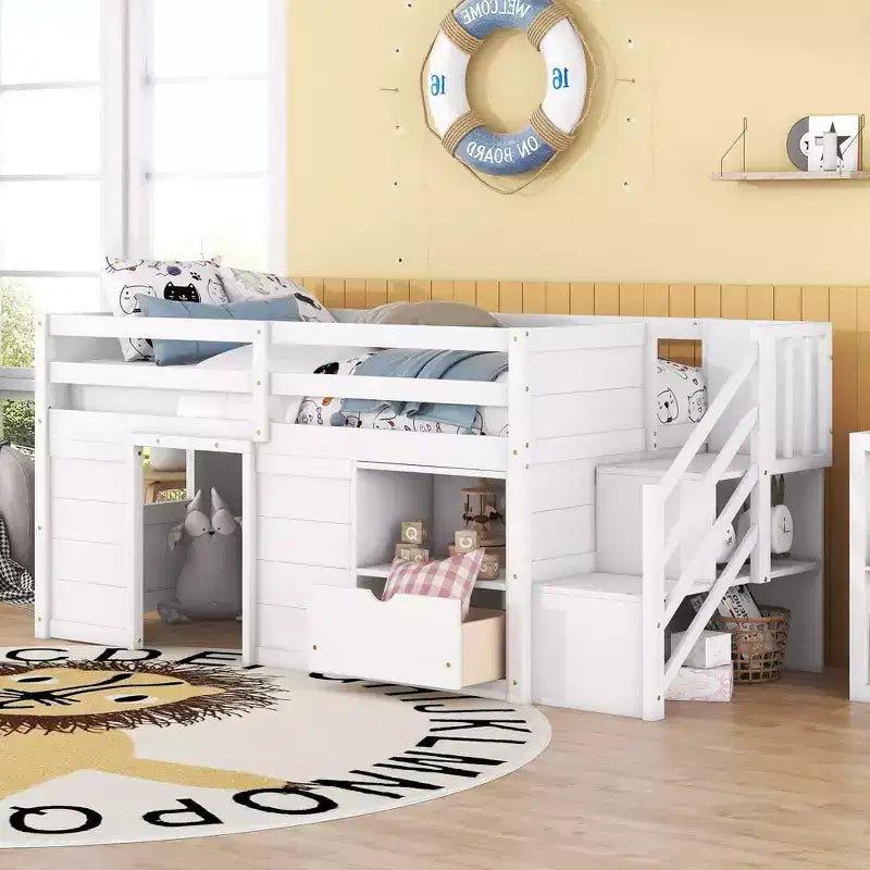 Letto a soppalco singolo Okak in legno massiccio con scale e vani portaoggetti, letti a castello a basso profilo singoli con cassetti e ripiani, letti a soppalco multifunzionali per bambini e ragazzi