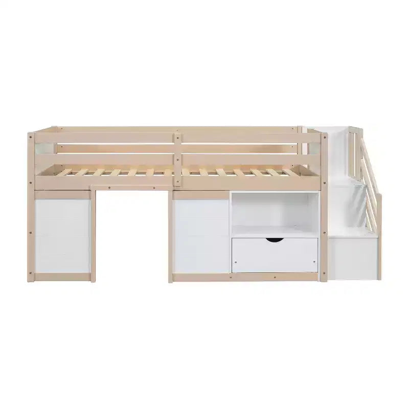 Letto a soppalco singolo Okak in legno massiccio con scale e vani portaoggetti, letti a castello a basso profilo singoli con cassetti e ripiani, letti a soppalco multifunzionali per bambini e ragazzi