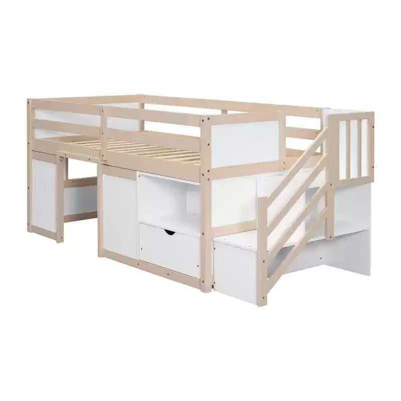 Letto a soppalco singolo Okak in legno massiccio con scale e vani portaoggetti, letti a castello a basso profilo singoli con cassetti e ripiani, letti a soppalco multifunzionali per bambini e ragazzi