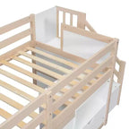 Letto a soppalco singolo Okak in legno massiccio con scale e vani portaoggetti, letti a castello a basso profilo singoli con cassetti e ripiani, letti a soppalco multifunzionali per bambini e ragazzi