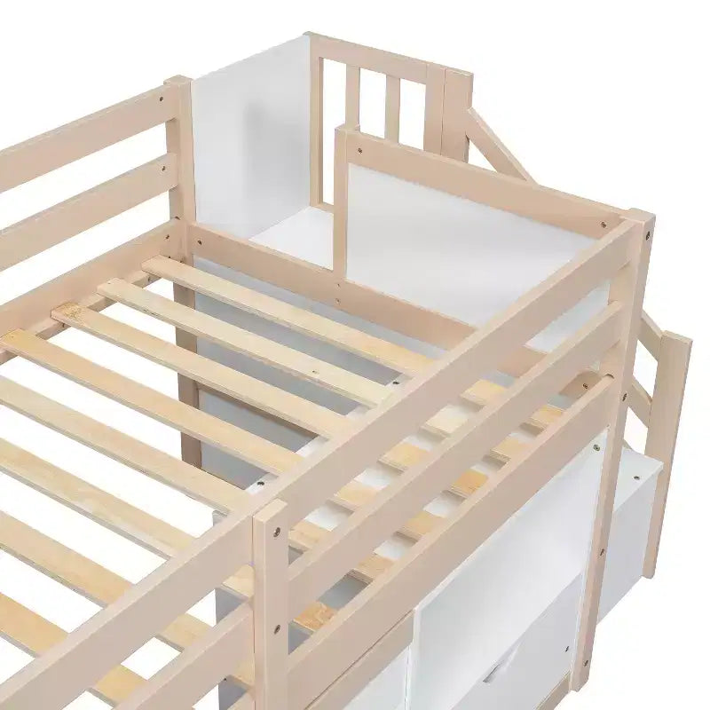 Letto a soppalco singolo Okak in legno massiccio con scale e vani portaoggetti, letti a castello a basso profilo singoli con cassetti e ripiani, letti a soppalco multifunzionali per bambini e ragazzi