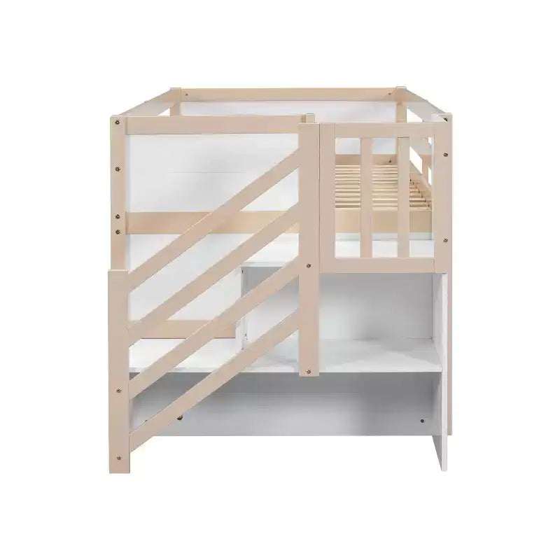 Letto a soppalco singolo Okak in legno massiccio con scale e vani portaoggetti, letti a castello a basso profilo singoli con cassetti e ripiani, letti a soppalco multifunzionali per bambini e ragazzi