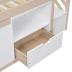 Letto a soppalco singolo Okak in legno massiccio con scale e vani portaoggetti, letti a castello a basso profilo singoli con cassetti e ripiani, letti a soppalco multifunzionali per bambini e ragazzi