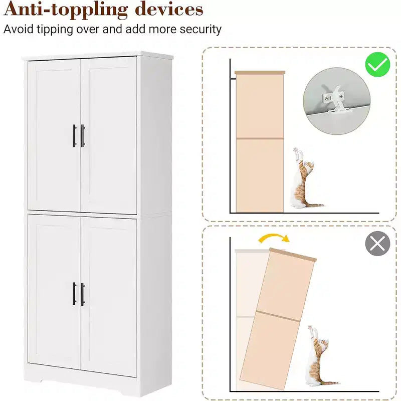 Garde-manger de cuisine de 177,8 cm de haut, armoire de rangement autoportante avec 4 portes et étagères réglables