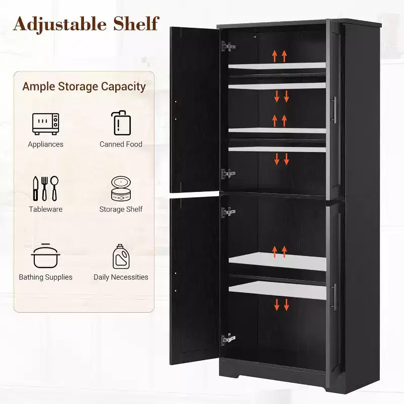 Garde-manger de cuisine de 177,8 cm de haut, armoire de rangement autoportante avec 4 portes et étagères réglables