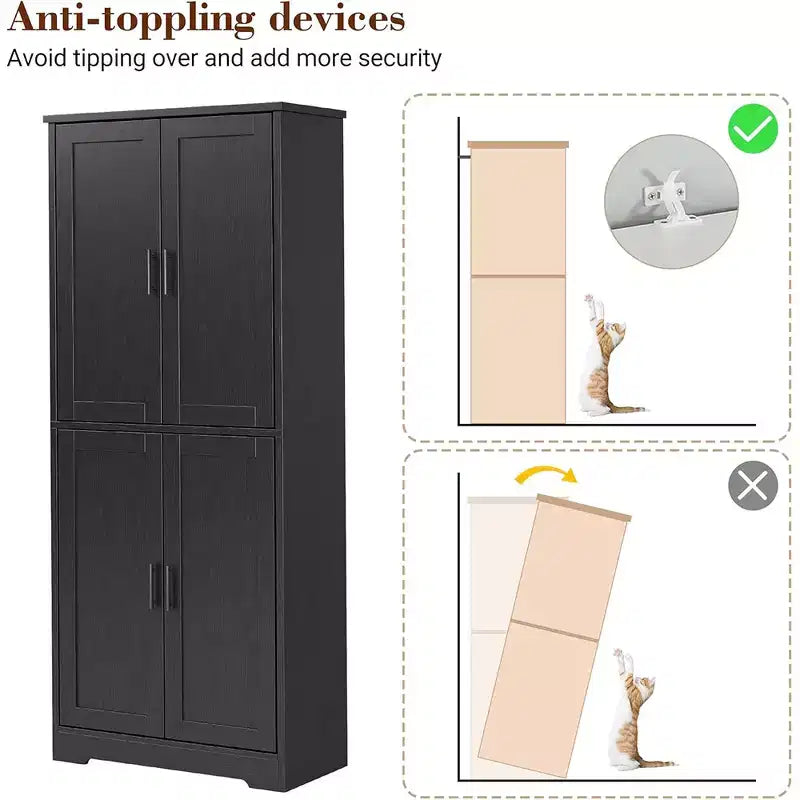 Garde-manger de cuisine de 177,8 cm de haut, armoire de rangement autoportante avec 4 portes et étagères réglables