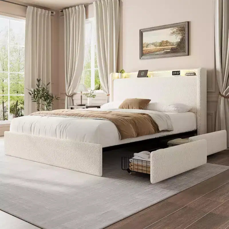 Letto matrimoniale in bouclé con testiera contenitore, stazione di ricarica e luci LED, nessuna necessità di rete a molle, 4 cassetti contenitore