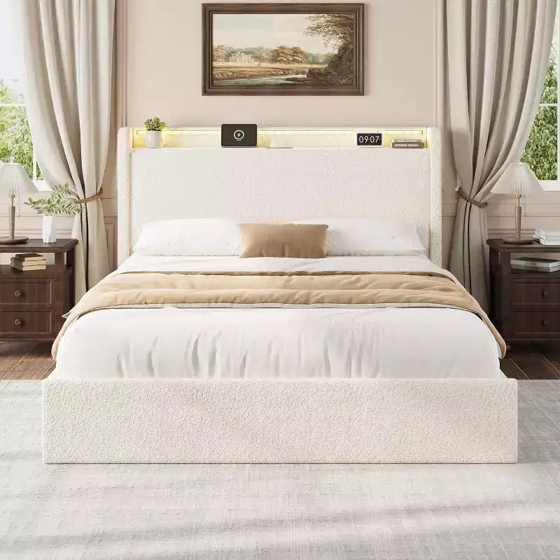 Letto matrimoniale in bouclé con testiera contenitore, stazione di ricarica e luci LED, nessuna necessità di rete a molle, 4 cassetti contenitore