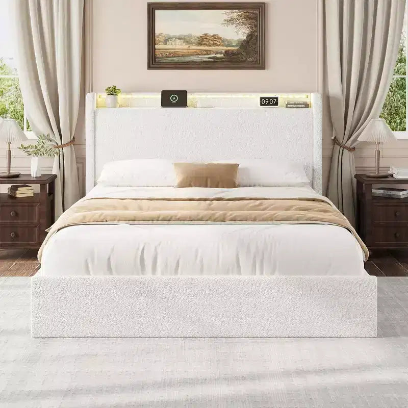 Letto matrimoniale in bouclé con testiera contenitore, stazione di ricarica e luci LED, nessuna necessità di rete a molle, 4 cassetti contenitore