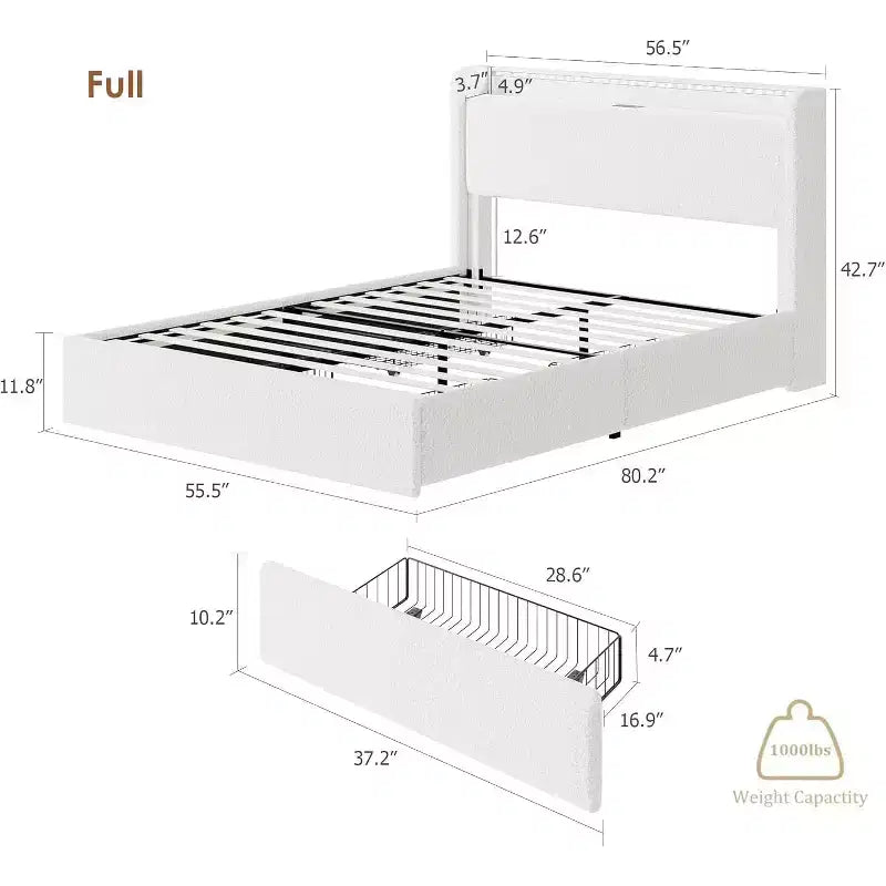 Full Size Boucle Bed Frame with Storage Headboard, Charging Station and LED Lights, No Box Spring Needed, 4 Storage Drawers