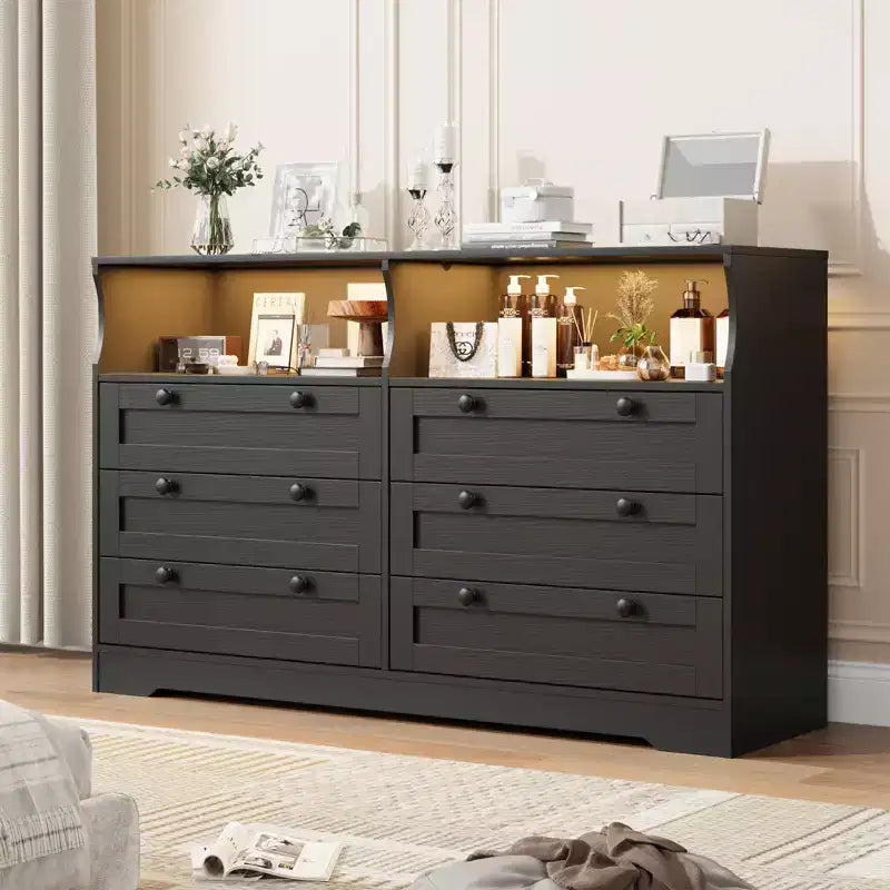 Comò in legno da 55 pollici a 6 cassetti per camera da letto con luce a LED e ampio spazio di archiviazione, ampio organizer per comò per armadio e soggiorno