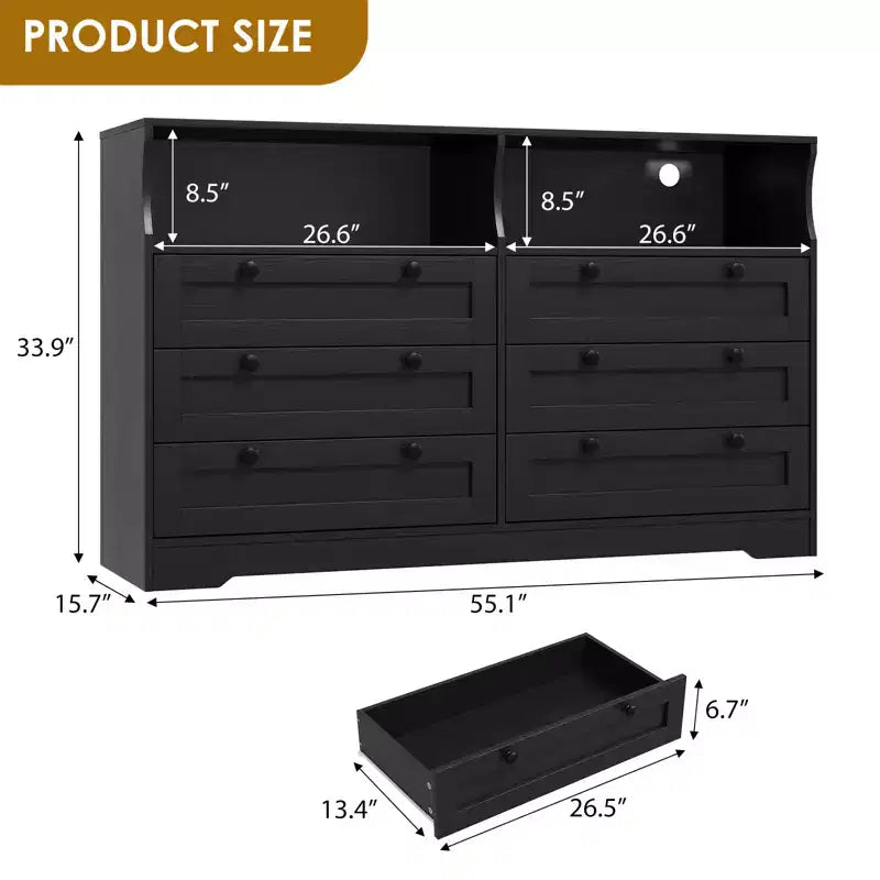 Comò in legno da 55 pollici a 6 cassetti per camera da letto con luce a LED e ampio spazio di archiviazione, ampio organizer per comò per armadio e soggiorno