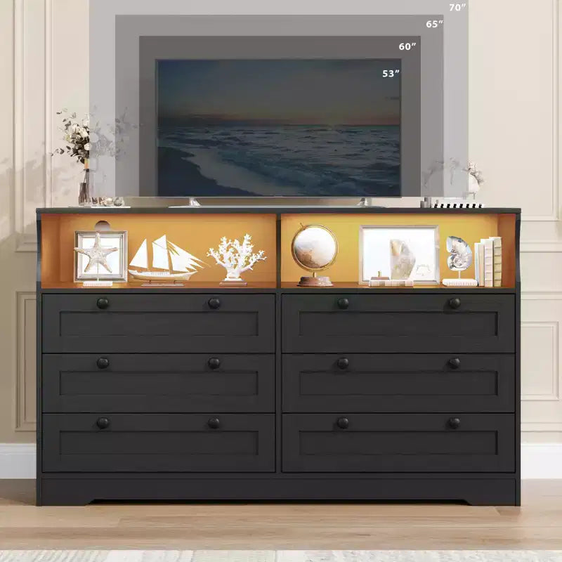 Comò in legno da 55 pollici a 6 cassetti per camera da letto con luce a LED e ampio spazio di archiviazione, ampio organizer per comò per armadio e soggiorno