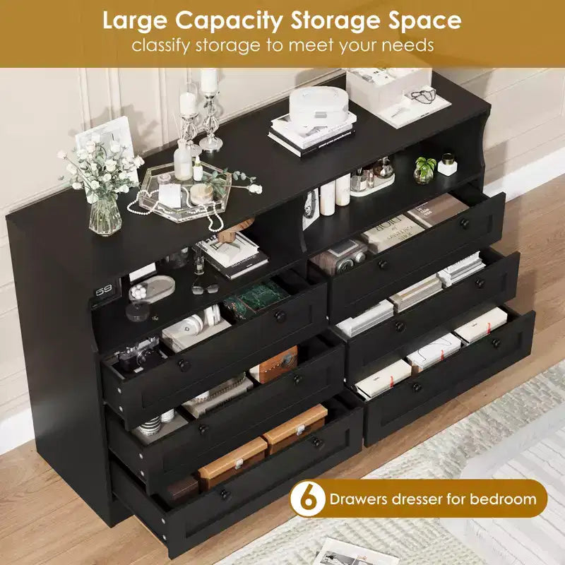 Comò in legno da 55 pollici a 6 cassetti per camera da letto con luce a LED e ampio spazio di archiviazione, ampio organizer per comò per armadio e soggiorno