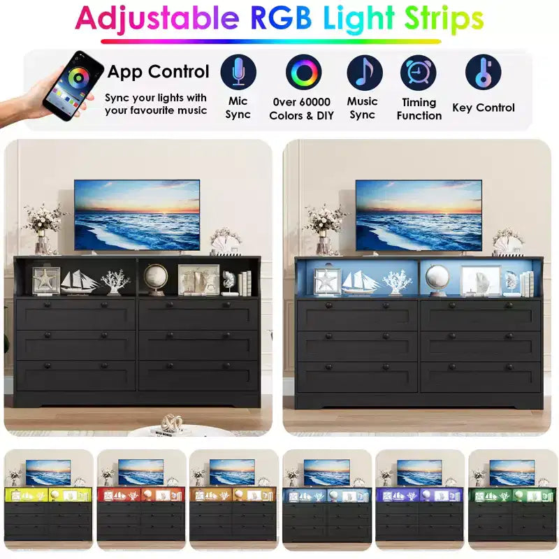 Comò in legno da 55 pollici a 6 cassetti per camera da letto con luce a LED e ampio spazio di archiviazione, ampio organizer per comò per armadio e soggiorno