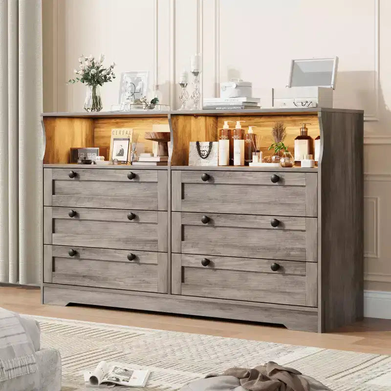 Comò in legno da 55 pollici a 6 cassetti per camera da letto con luce a LED e ampio spazio di archiviazione, ampio organizer per comò per armadio e soggiorno