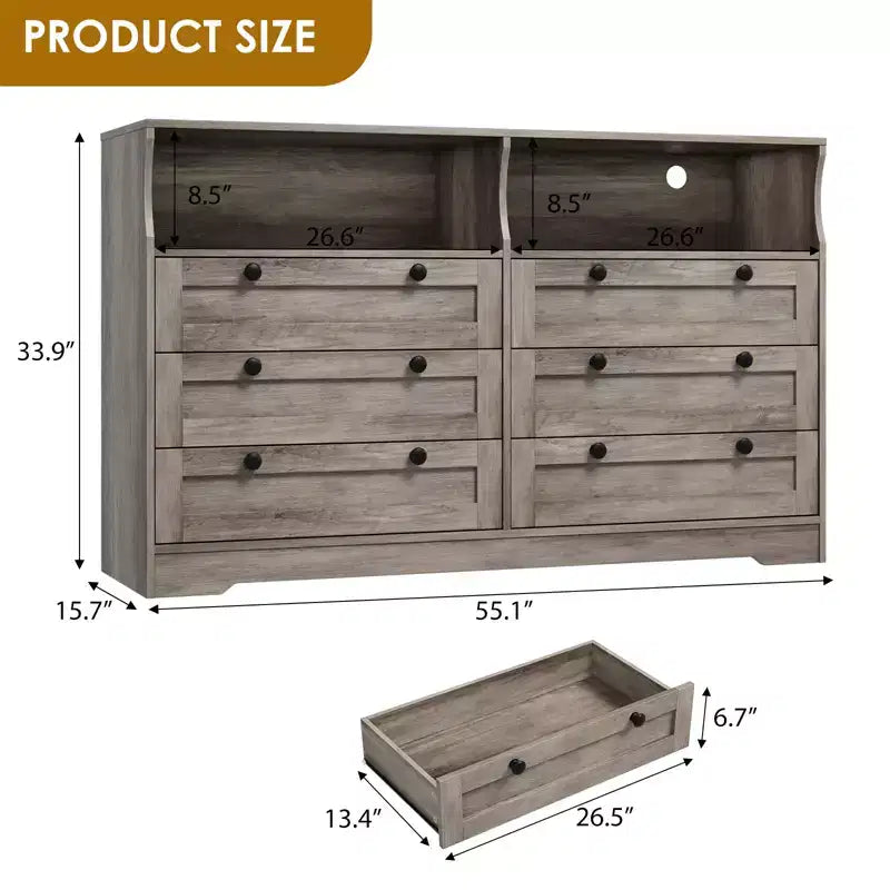 Comò in legno da 55 pollici a 6 cassetti per camera da letto con luce a LED e ampio spazio di archiviazione, ampio organizer per comò per armadio e soggiorno