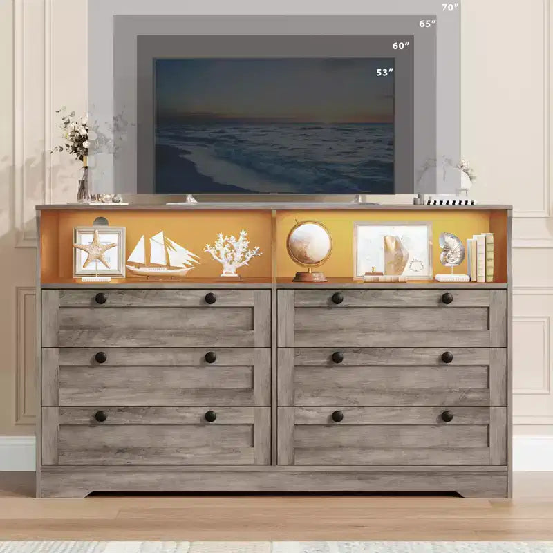 Comò in legno da 55 pollici a 6 cassetti per camera da letto con luce a LED e ampio spazio di archiviazione, ampio organizer per comò per armadio e soggiorno