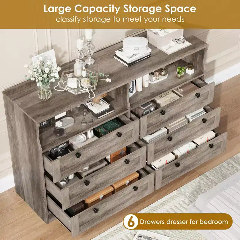 Comò in legno da 55 pollici a 6 cassetti per camera da letto con luce a LED e ampio spazio di archiviazione, ampio organizer per comò per armadio e soggiorno