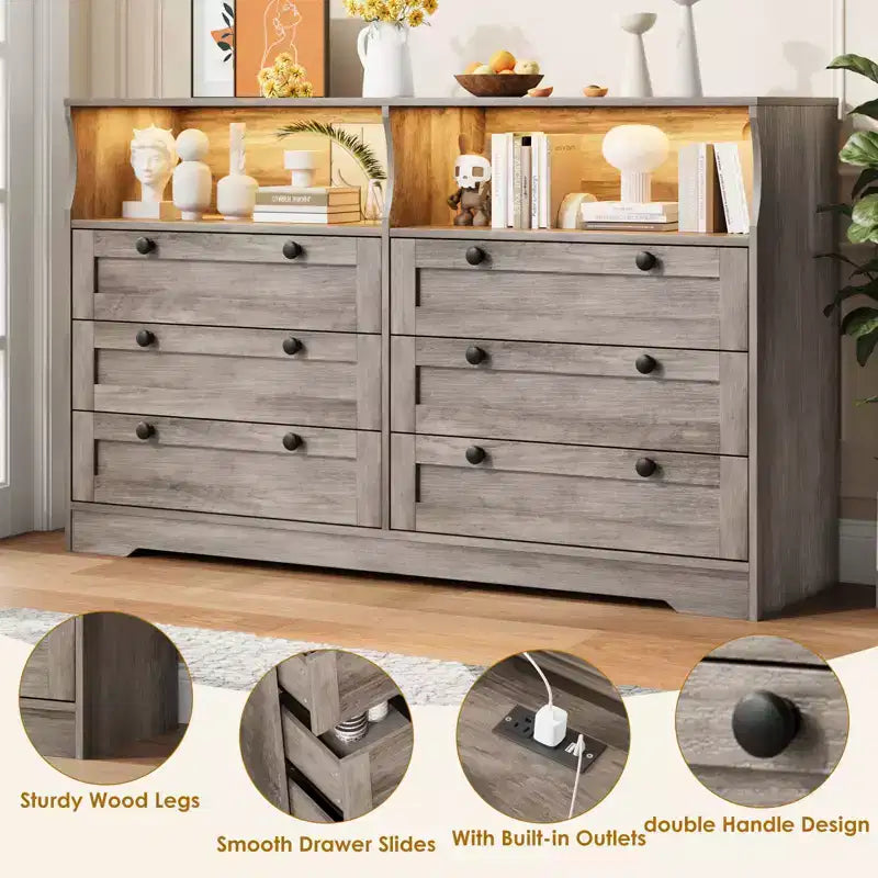 Comò in legno da 55 pollici a 6 cassetti per camera da letto con luce a LED e ampio spazio di archiviazione, ampio organizer per comò per armadio e soggiorno