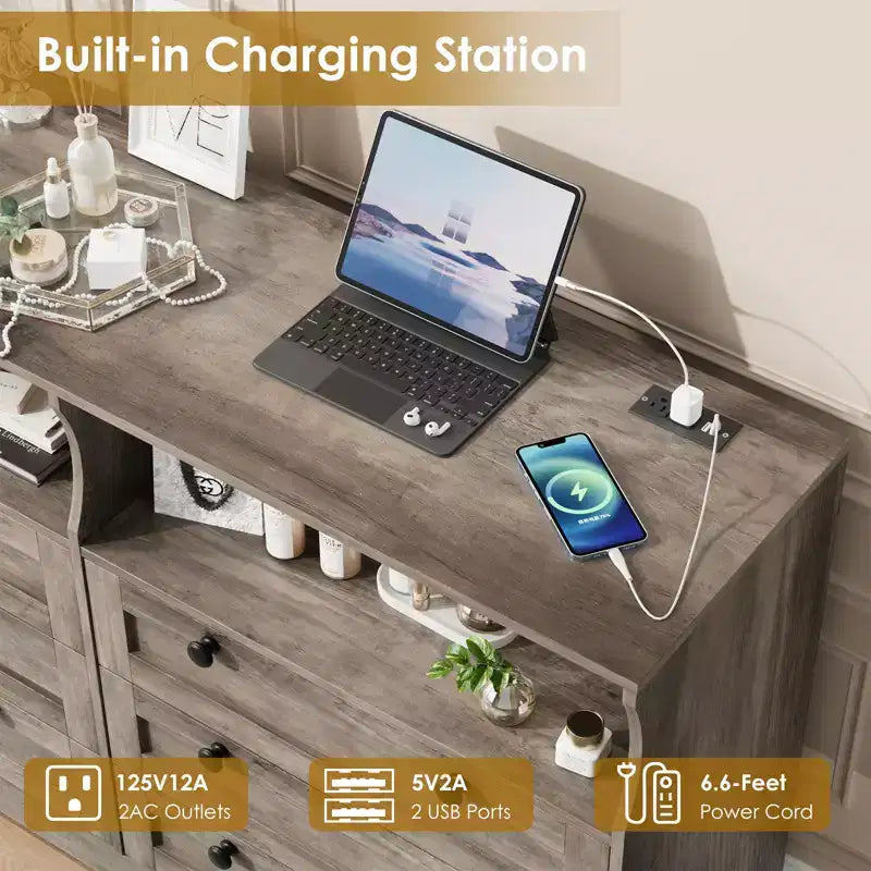 Comò in legno da 55 pollici a 6 cassetti per camera da letto con luce a LED e ampio spazio di archiviazione, ampio organizer per comò per armadio e soggiorno