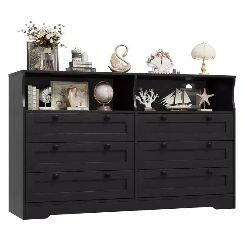 Commode de chambre à coucher en bois de 140 cm avec 6 tiroirs, éclairage LED et grand espace de rangement, organiseur de commode large pour placard et salon