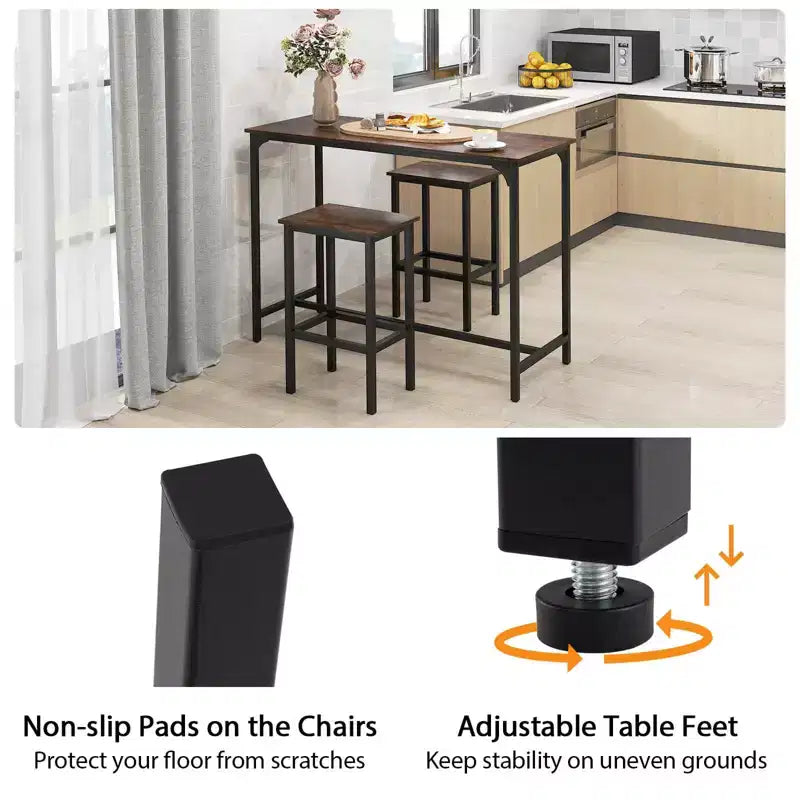 Costway Set Tavolo e 2 Sedie da Bar a Altezza Bancone con Poggiapiedi Marrone/Grigio/Nero