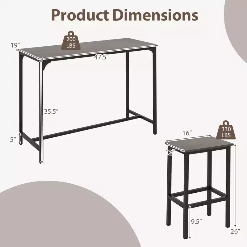 Costway Set Tavolo e 2 Sedie da Bar a Altezza Bancone con Poggiapiedi Marrone/Grigio/Nero