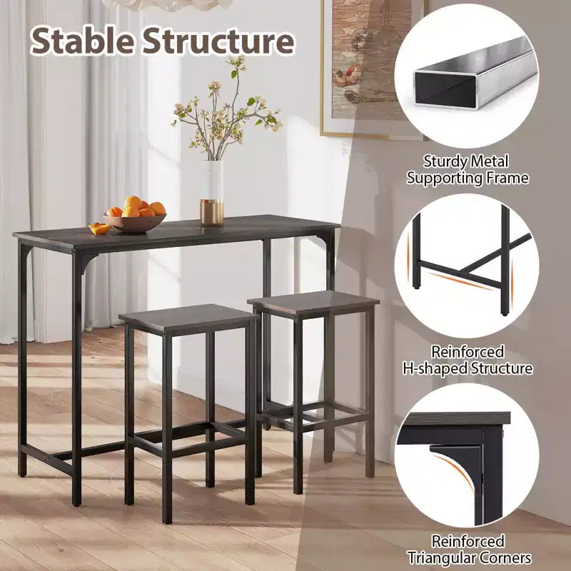 Costway Set Tavolo e 2 Sedie da Bar a Altezza Bancone con Poggiapiedi Marrone/Grigio/Nero