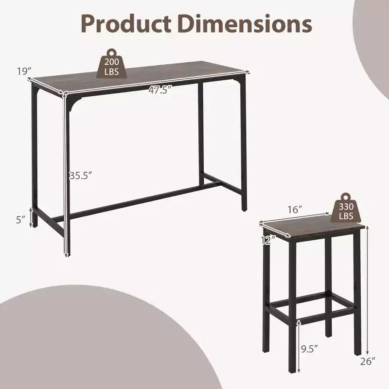 Costway Set Tavolo e 2 Sedie da Bar a Altezza Bancone con Poggiapiedi Marrone/Grigio/Nero