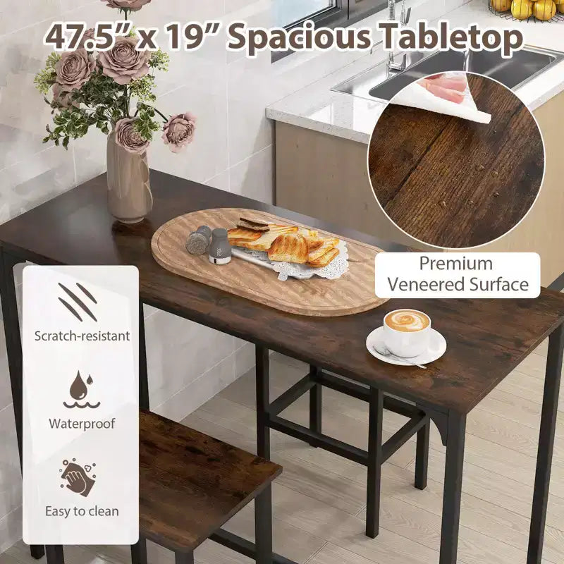 Costway Set Tavolo e 2 Sedie da Bar a Altezza Bancone con Poggiapiedi Marrone/Grigio/Nero