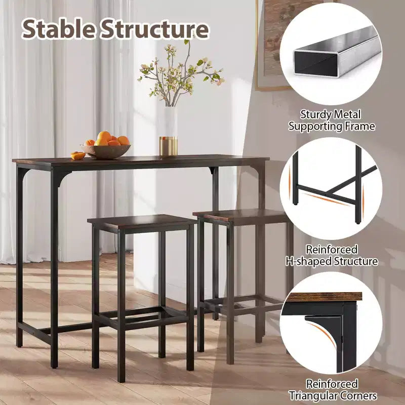 Costway Set Tavolo e 2 Sedie da Bar a Altezza Bancone con Poggiapiedi Marrone/Grigio/Nero