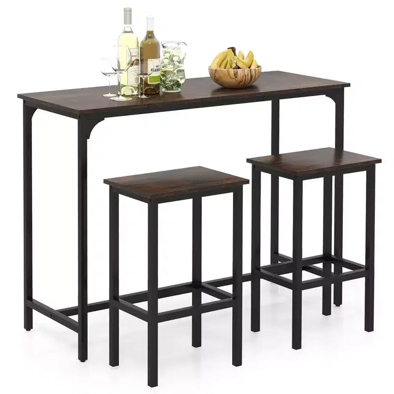 Costway 3 PCS Counter Height Table Set with Footrests Rectangular Pub Table & Chairs Brown/Gray/Black