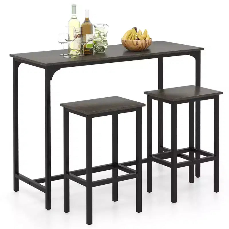 Costway Ensemble table de bar 3 pièces avec repose-pieds Table rectangulaire de hauteur comptoir et chaises Marron/Gris/Noir