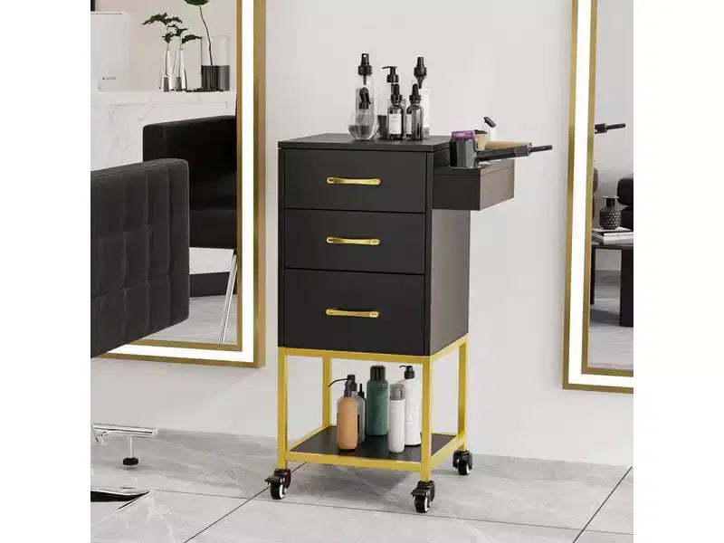 Karl Home Carrello portaoggetti nero in legno con ruote e 3 cassetti